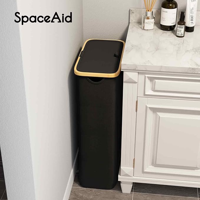 SpaceAid Slim Laundry Hamper with Lid, 65L Narrow Clothes Basket Bin with Bamboo Handles, Skinny Tall Collapsible Hamper for Bedroom, Bathroom, Dorm, Laundry Room - Black