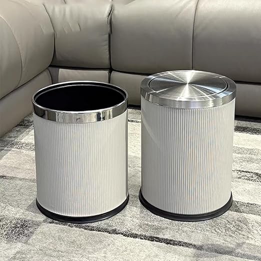 4 Gallon Bathroom Trash Can with Swing Lid, White Silver Leather Garbage Can, Modern, Large, Big Waste Basket, for Bedroom Kitchen Powder Room Toilet (15L Elegant White)