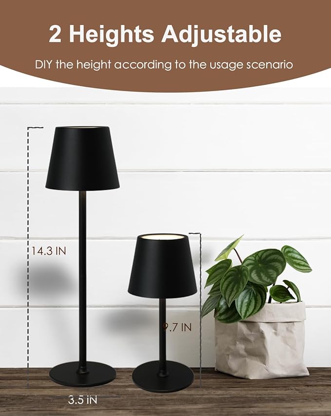Cordless Table Lamp, Rechargeable Table Lamp with Touch Dimmable Control, Portable LED Desk Lamp for Indoor Patio (Black-Round, 2)