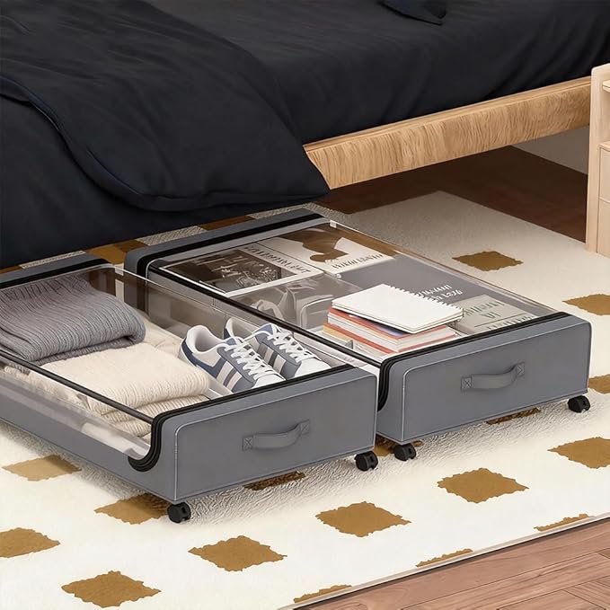 Under Bed Storage with Wheels, 6.7'' Tall Underbed Storage Containers with Lids - Rolling Bins for Shoes Clothes Blankets (Grey, 2-Pack XXL)