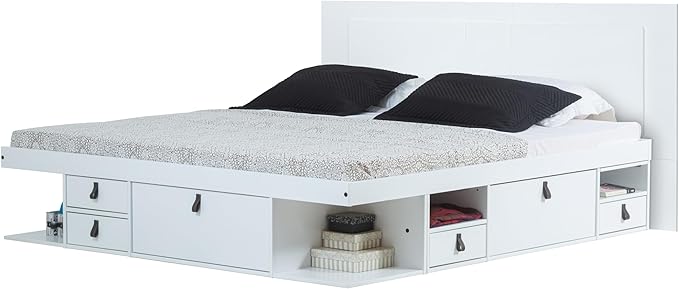 memomad Bali Slim Set: Storage Platform Bed with Drawers + Flat Panel Headboard (King Size, White Wood)