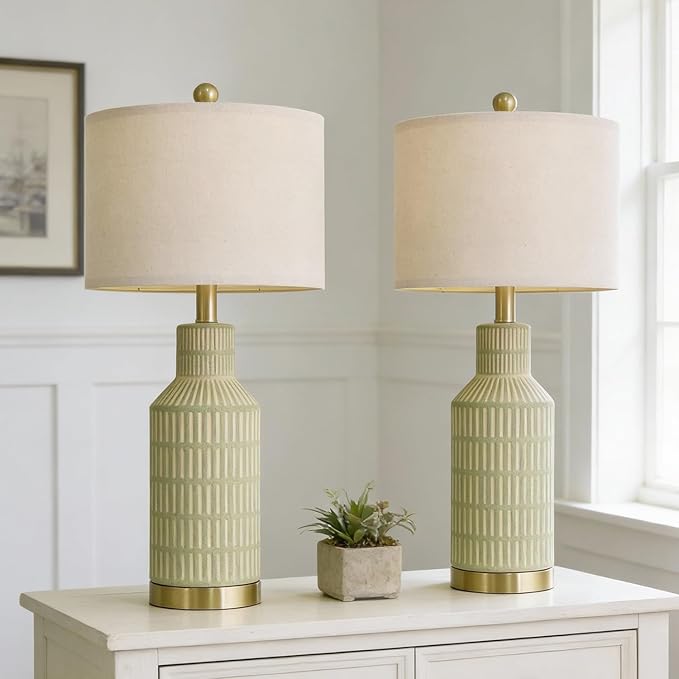 25" Green Ceramic Table Lamp - Modern Bedside Nightstand Lamp, Easy Assembly Twist Knob Switch for Bedroom Living Room Home Office Decor (Bulb Not Included)