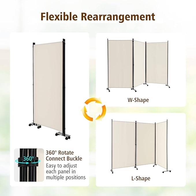 GOFLAME 3 Panel Folding Room Divider, 6FT Rolling Privacy Screen with Lockable Wheels, Portable Room Partition Screen, Freestanding Wall Divider and Separator for Home Office, White