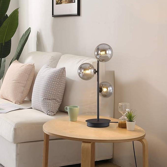Mid Century Modern Table Lamp Smoky Grey Glass Globe Desk Lamp Industrial Vintage Bedside Table Light Contemporary Minimalist Metal Nightstand Reading Lamp Retro Table Lamp MTL03-SG