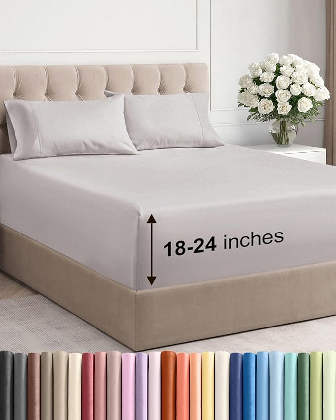 Extra Deep Twin XL Sheet Set - 4 Piece Breathable and Cooling Sheets - Hotel Luxury Bed Sheets Set - Easy Fit - Soft, Wrinkle Free and Comfy Sheets Set - Light Grey Sheet Set with Extra Deep Pockets