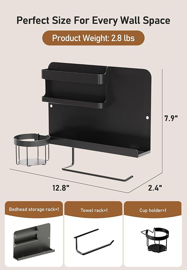 Bedside Wall Organizer Metal Shelf with Cup & Tissue Holder – Waterproof Wall Storage Rack for Dorm Room, Bathroom, Kitchen, and Office (Black)