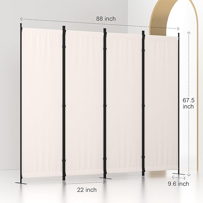 Room Divider, 4 Panel Folding Privacy Screen, 88” Portable Separating with 3 Metal Feet, Partition Room Dividers, Lightweight Freestanding Wall Divider Screen for Office Bedroom Hospital(White)