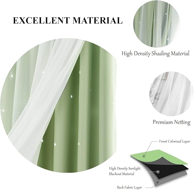 Star Double Layer Blackout Curtains for Bedroom & Kids, Cute, 84 Inch Long 2 Panel Set, Green, 42 x 84 Inch