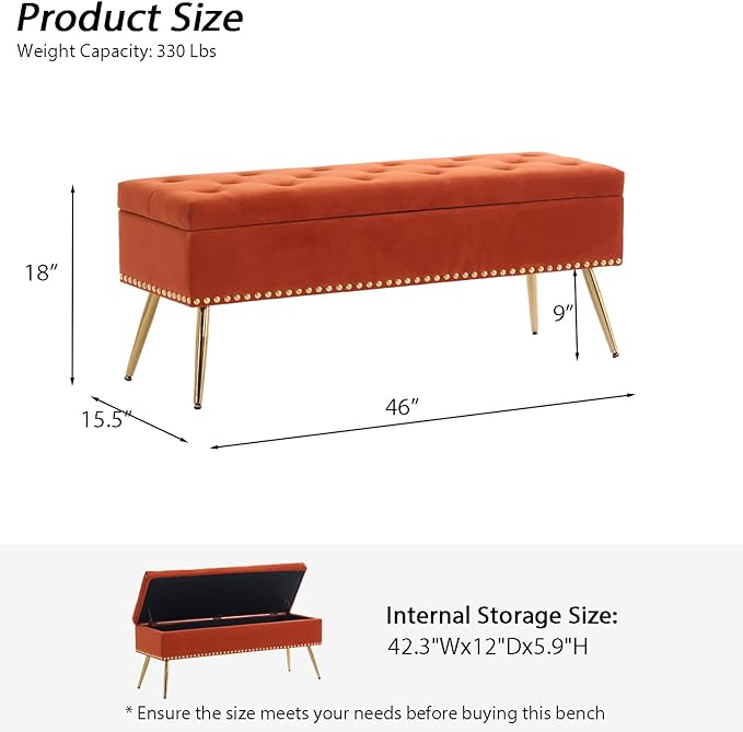 Velvet Storage Bench with Gold Legs& Nailhead Trim, 46" Wide Upholstered Modern Bedroom Bench for End of Bed, Tufted Ottoman for Entryway Living Room Dining Room (Orange, 46" Wide)