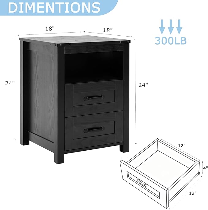 Black Rustic Night Stand Set of 2, Farmhouse End Table, Modern Bedside Table with 2 Storage Drawers and Open Shelf, Tall Nightstand for Bedroom