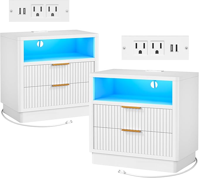 ELYKEN White Nightstand Set of 2 with Charging Station & LED Light, Fluted Bedside Cabinet with 2 Drawers, Wooden End Table with USB & Type-C Port for Bedroom Living Room