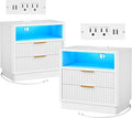 ELYKEN White Nightstand Set of 2 with Charging Station & LED Light, Fluted Bedside Cabinet with 2 Drawers, Wooden End Table with USB & Type-C Port for Bedroom Living Room