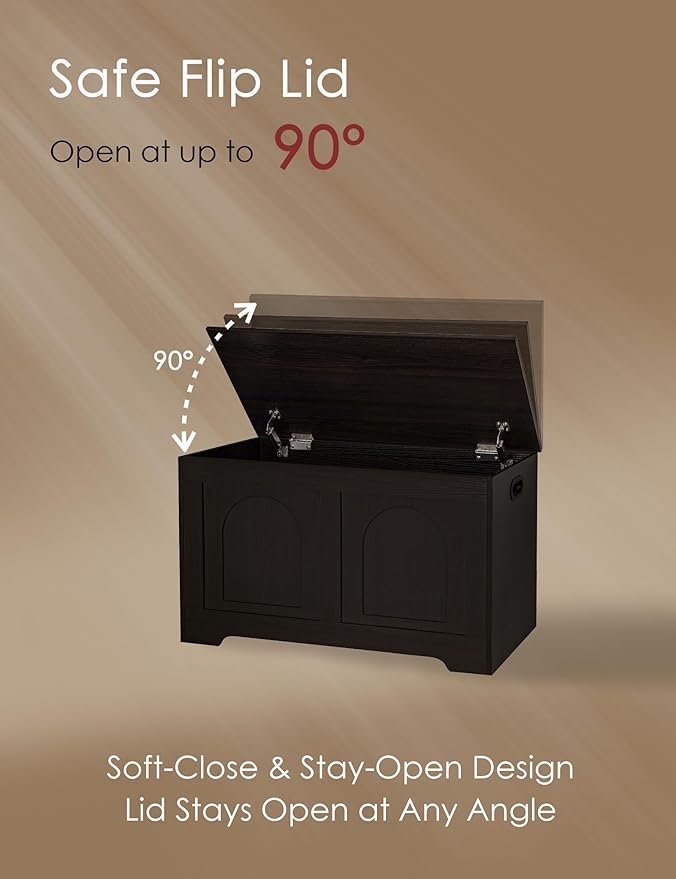 DINZI LVJ Storage Chest, 31.5”Wooden Toy Box with 2 Safety Hinges, Entryway Storage Bench with Flip-Top, Sturdy Storage Trunk for Living Room, Bedroom, Easy Assembly, Espresso