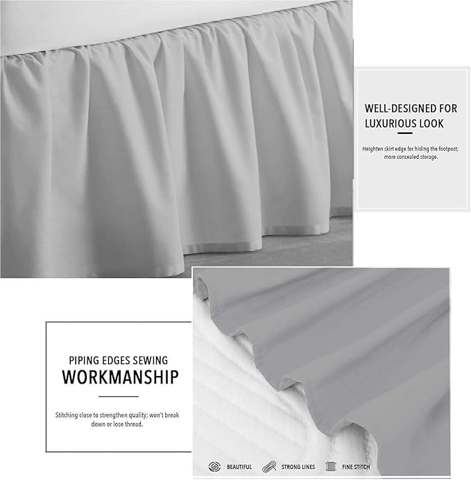 Light Grey Solid Ruffled Bed Skirt Full XL-20 Inch Drop Split Corner, Microfiber Bedskirt with Platform Three Sided Coverage