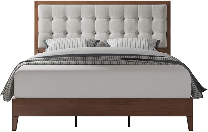 Jocisland Wood King Size Bed Frame,Tall Upholstered Tufted Headboard, Solid Wood Platform, No Box Spring Needed, Walnut