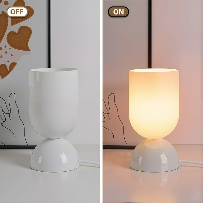 8.9" Modern Glass Table Lamp for Living Room, Dimmable Desk Lamps for Bedroom, UL Listed Nightstand Lamp with Dome Base, End Table Lamps for Home, Side Tables, College Dorm, Office, Glossy White