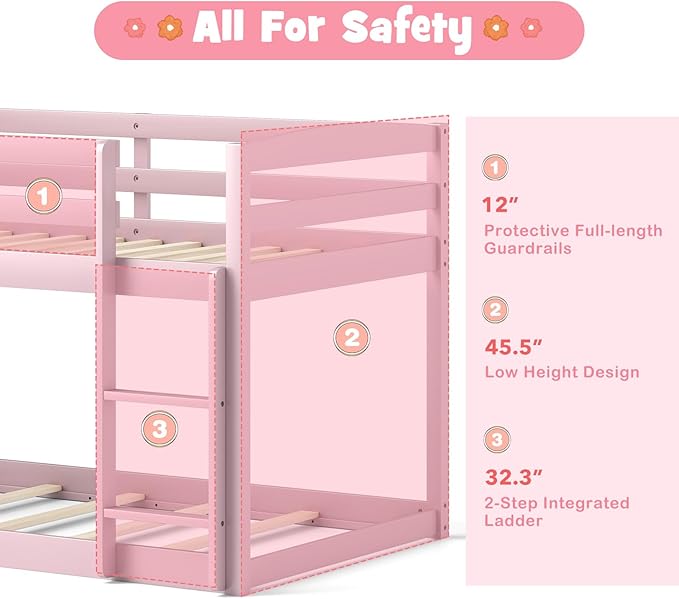 KOMFOTT Low Bunk Bed Twin Over Twin, Solid Wood Twin Bed Frame with Built-in Ladder & Safety Guardrails, Space-Saving Low Bunk Bed for Kids, Teens, No Box Spring Needed