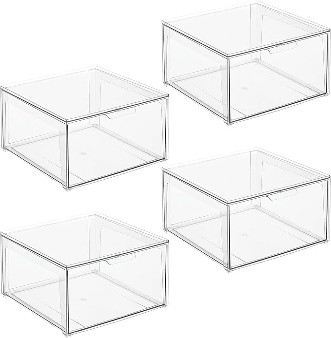 mDesign Plastic Stackable Closet Storage Organizer Bin Containers with Front Pull Drawer for Cabinet, Desk, Shelf, Cupboard, or Dresser Organization - Lumiere Collection - 4 Pack - Clear