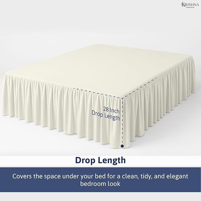 KRISHNA Ruffled Bed Skirt with Split Corners Queen, 100% Microfiber Hotel Quality, 28 Inch Drop Dust Ruffle Gathered Bedskirt with Platform, 60" x 80", Ivory