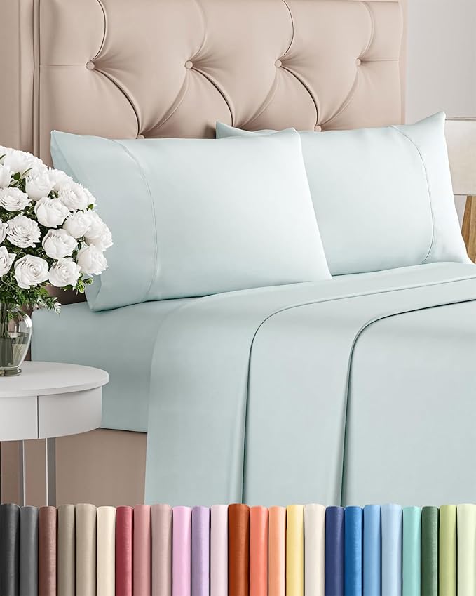 Twin XL 4 Piece Sheet Set - Cooling, Comfy & Breathable - Hotel Luxury Bedding, Includes Fitted Sheet for Women, Men, Kids & Teens - 1 Flat, 1 Fitted Sheet, 2 Pillowcases with Deep Pockets - Ice Blue