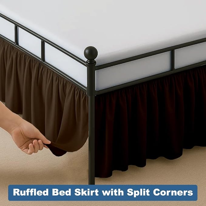 Ruffled Bed Skirt Split Corners with Platform, Tailored Fit Hotel Quality Wrinkle Free Ultra-Soft Microfiber Dust Ruffle, Upto 24 Inch Drop, King, Chocolate