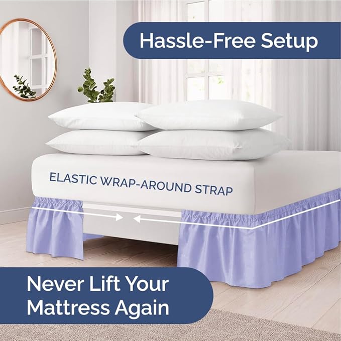 Wrap Around Dust Ruffle Bed Skirt - Lavender - for King Size Beds with 12 Inch Drop - Easy Fit Elastic Strap - Adjustable Pleated Bedskirt w/Brushed Fabric Wrinkle Free - for Women, Men, Kids & Teens