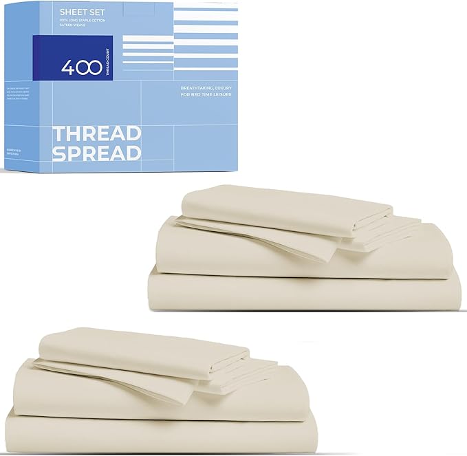 THREAD SPREAD 2-Pack Full Size Sheet Sets - 400 Thread Count 100% Cotton Sateen Weave - Extra Soft, Breathable, Hotel Quality Cooling Sheets, 2 Sets of Full Size Deep Pocket Bed Sheets (Ivory)