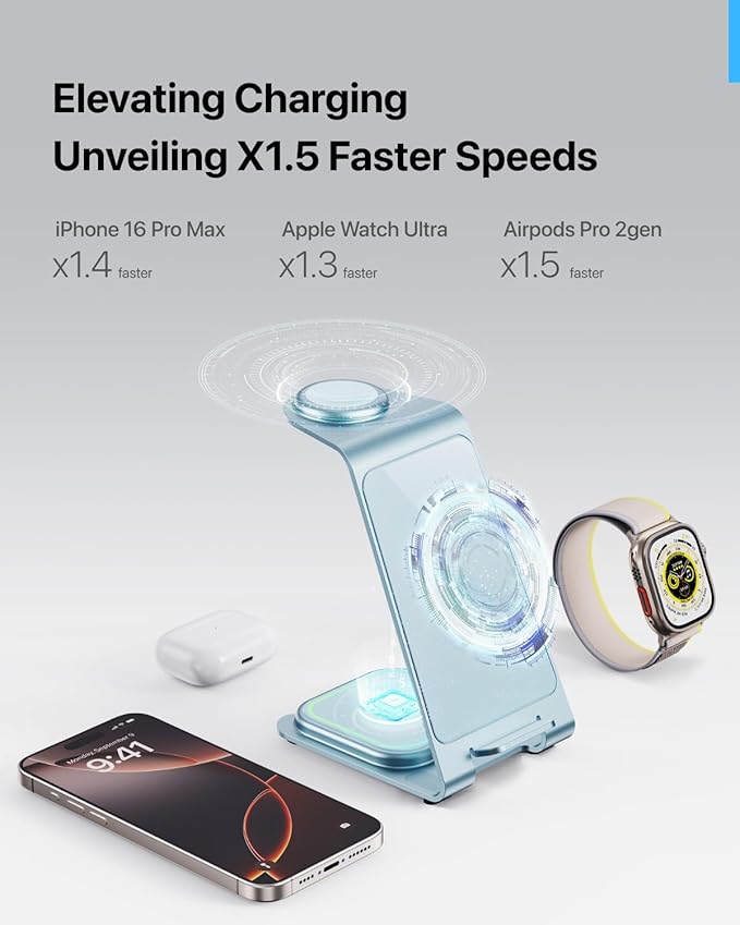 Intoval 3 in 1 Wireless Charging Station for iPhone 17 16 15 14 13 12 11 Pro Max X XS XR, Aluminum Unibody Wireless Charger for Apple Watch 11 10 9 8 7 Ultra SE 3 2, for AirPods 4 Pro 2 3 (Blue)