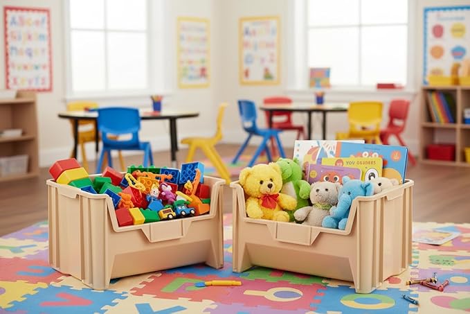 Hudson Exchange 20" x 15" x 12.5" (3 Pack) Plastic Giant Stackable Hopper Bin Container, Tan
