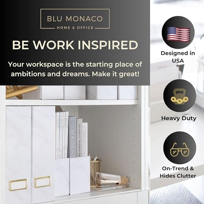 BLU MONACO Set of 4 Magazine Holders | White Marble Design with Gold Label Holders | Foldable File Organizer Boxes for Desk, Office & Classroom | Stylish Paper & Magazine Storage