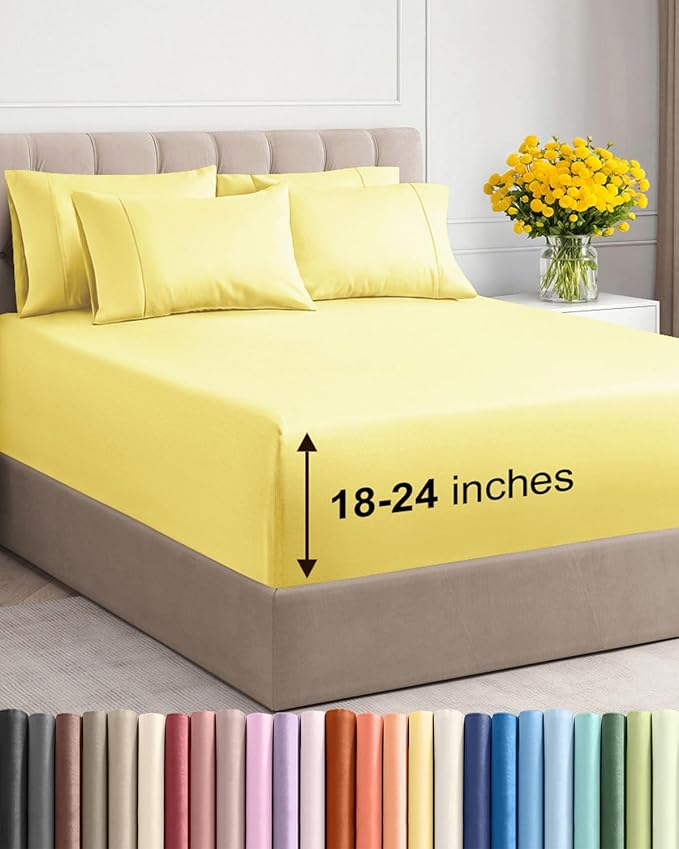 Extra Deep Queen Sheet Set - 6 Piece Breathable & Cooling Sheets - Hotel Luxury Bed Sheets Set - Easy & Secure Fit - Soft, Wrinkle Free & Comfy Sheets Set - Yellow Sheet Set with Extra Deep Pockets