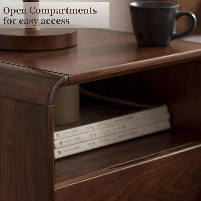 Walnut Nightstand Set of 2, Solid Wood Nightstand with Drawers & Open Storage Shelf, Mid Century Modern Nightstands, Wood End Table for Bedroom, (Dark Black Walnut, 23.23" H)