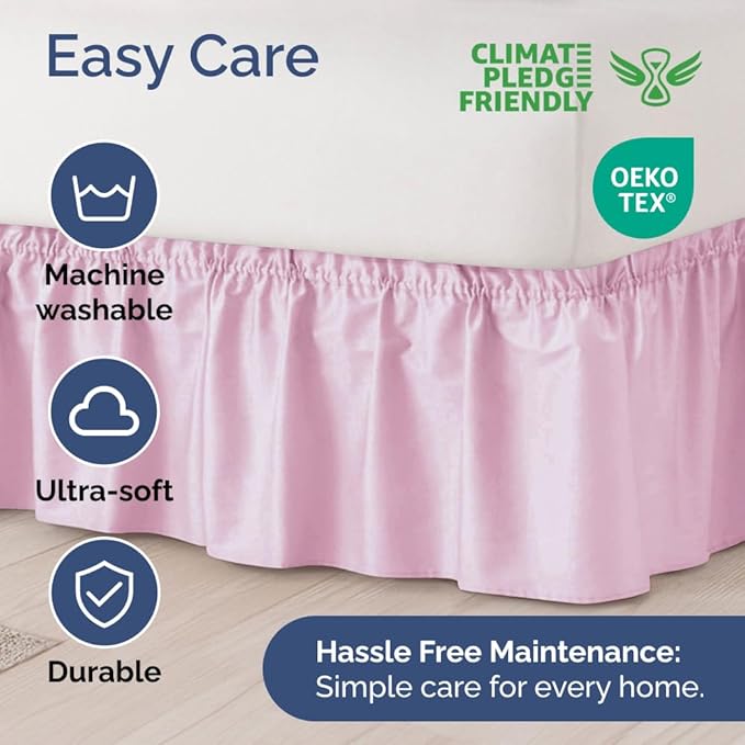 Wrap Around Dust Ruffle Bed Skirt - Light Pink - for Queen Size Beds with 18 Inch Drop - Elastic Strap - Adjustable Pleated Bedskirt with Brushed Fabric and Wrinkle Free - For Women, Men, Kids & Teens