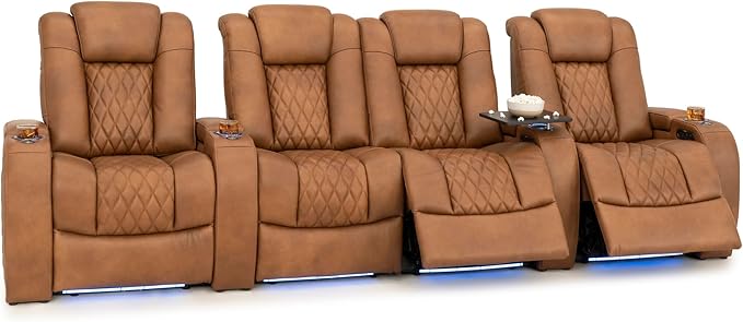 Seatcraft Diamante Zero-Gravity CoolZero Italian Leather Home Theater Seating, Power Headrest, Power Recline, Row of 4 Middle Loveseat, Tawny