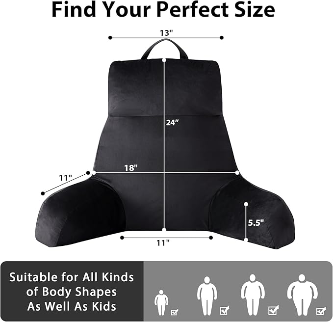 IPYNBAP Reading Pillow with Arms for Adult, Back Pillow for Bed Sitting Up, Shredded Memory Foam Backrest Pillow with Pockets & Removable Washable Cover, Lounging, Watching TV, Reading(24inch Black)