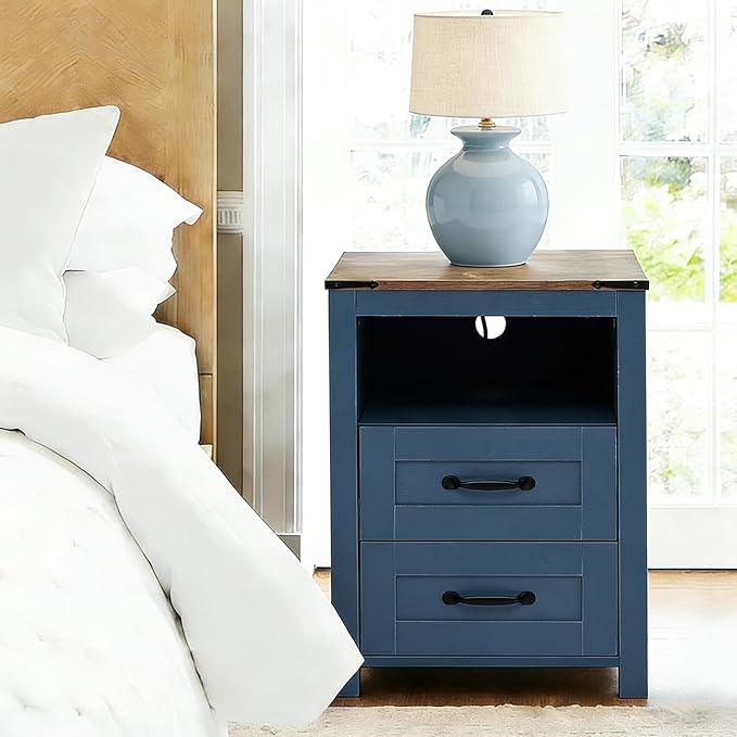 Blue Rustic Night Stand Set of 2, Farmhouse End Table, Modern Bedside Table with 2 Storage Drawers and Open Shelf, Tall Nightstand for Bedroom