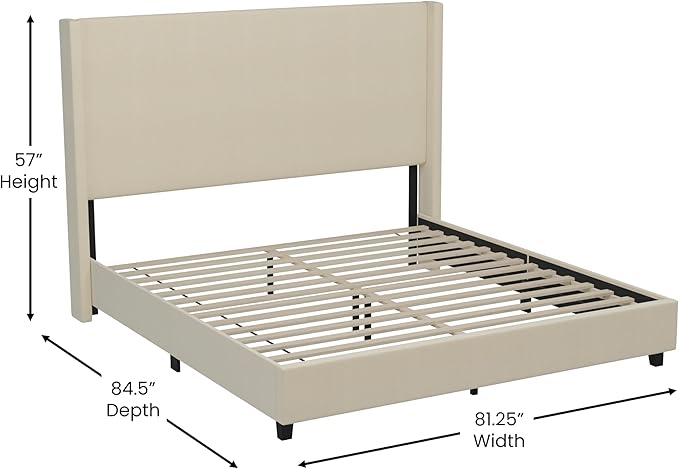 EMMA + OLIVER Nora King Size Faux Linen Upholstered Platform Bed with Plush Padded Wingback Headboard (No Box Spring Needed), Modern Upholstered Headboard King Bed Frame, Beige