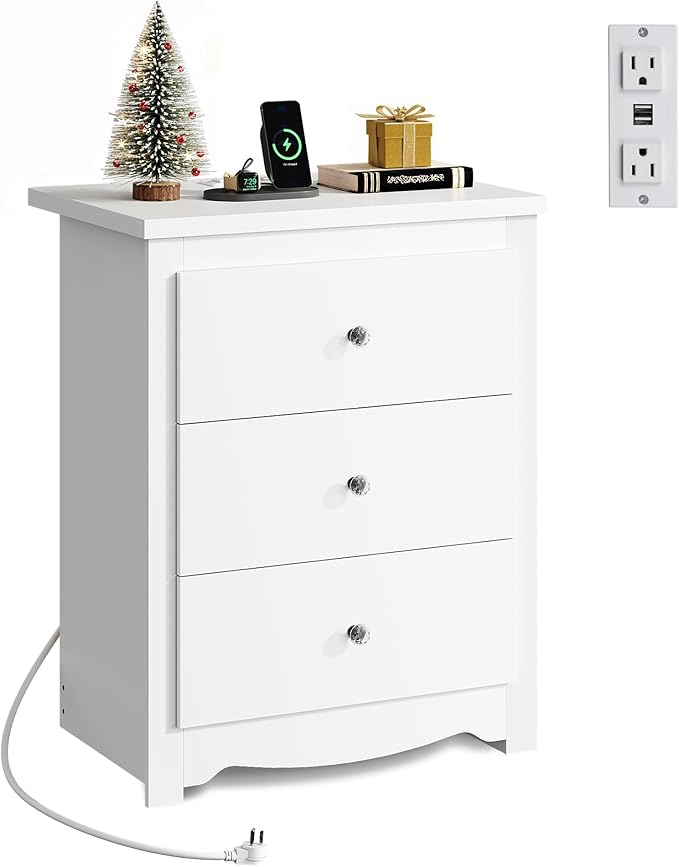 WLIVE White Nightstand with Charging Station, Wood Night Stand with 3 Drawers Storage, Tall Bedside Table End Side Tables with 2 USB Ports and Outlets for Bedroom, Closet, White