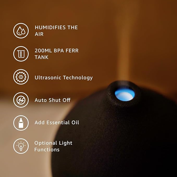 Gooamp 200ML Ceramic Essential Oil Diffuser - Ultrasonic Aromatherapy & Humidifier with 7-Color LED Lights, Auto Shut-Off, Black, 1H/3H/6H Timer | Scent for Home, Office, Yoga