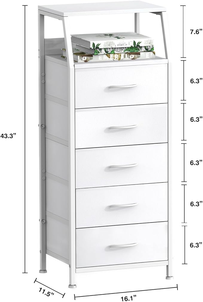 Ollieroo White Dresser for Bedroom, Storage Organizer with 5 Drawers, Vertical Fabric Storage Tower, Nightstand Bedside Table, Sturdy Steel Frame & Wooden Top