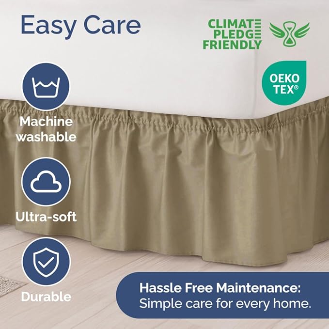 Wrap Around Dust Ruffle Bed Skirt - Khaki - Twin/Twin XL Size Beds w/ 12 Inch Drop - Easy Fit Elastic Strap - Adjustable Pleated Bedskirt w/Brushed Fabric - Wrinkle Free - Women, Men, Kids & Teens