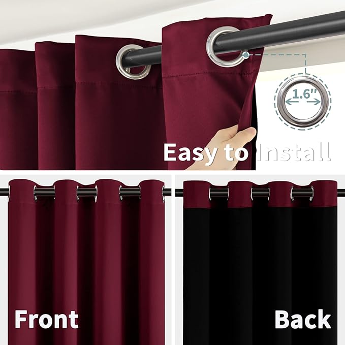 BGment Thermal Insulated 100% Blackout Curtains for Bedroom with Black Liner, Double Layer Full Room Darkening Noise Reducing Grommet Curtain (42 x 63 Inch, Burgundy Red, 2 Panels)