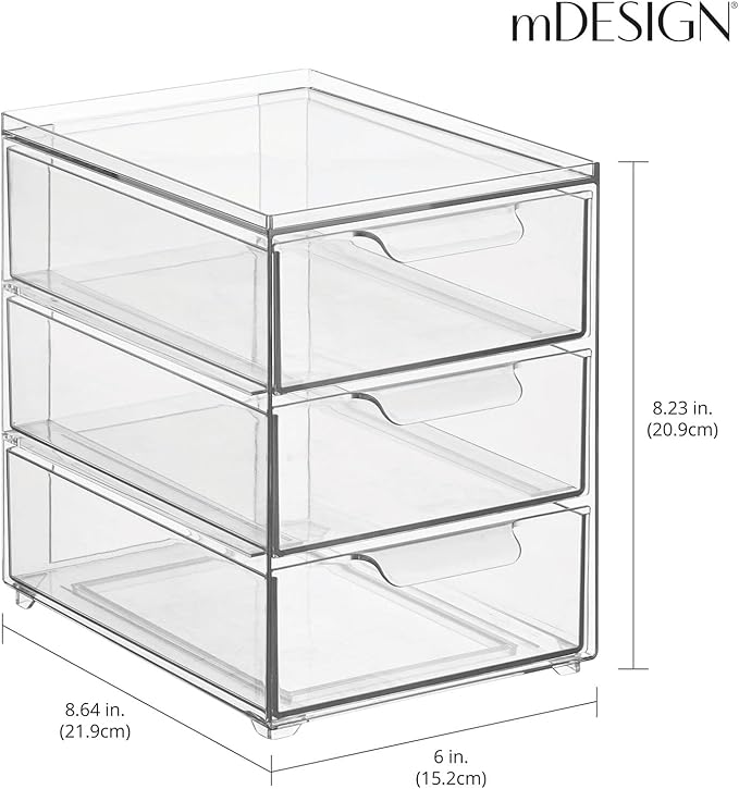 mDesign Plastic Stackable Organizer with 3 Drawers - Pull-Out Drawer Storage Bin for Bathroom Sink/Cabinet Organization - Perfect for Makeup, Small Towels, and More - Lumiere Collection, 4 Pack, Clear