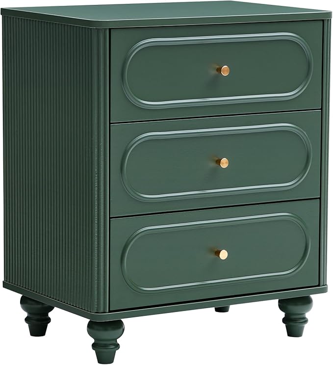 3 Drawer Fluted Dresser for Bedroom, Mid Century Modern Chest of Drawers, Wood Storage Small Dresser Organizer for Bedroom Living Room Hallway Closet, Green