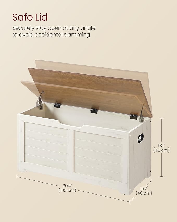 VASAGLE Storage Chest, Storage Bench with 2 Safety Hinges, Farmhouse Style, 15.7 x 39.4 x 18.1 Inches, for Entryway, Bedroom, Living Room, Honey Brown and Rustic White ULSB061WJ02S