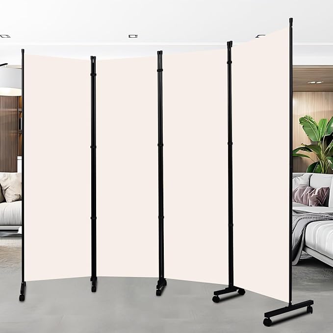 Room Divider Folding Privacy Screens with Wheels, 6FT Tall Divider for Room Separation, Movable Room Partitons and Dividers, Indoor Room Dividers Panel with Fabric (Beige, 4 Panel-88‘’-Wheels)