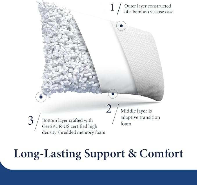 Cosy House Collection Luxury Rayon Derived from Bamboo Shredded Memory Foam Pillow - Adjustable & Removable Fill - Cool & Breathable Cover with Zipper for Side, Back, & Stomach Sleepers (Queen)