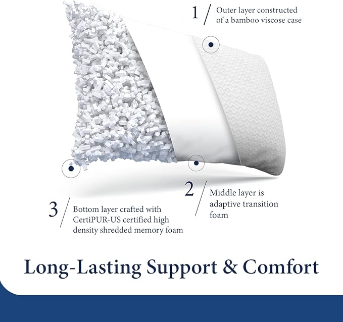Cosy House Collection 2-Pack Luxury Rayon Derived From Bamboo Shredded Memory Foam Pillow - Adjustable & Removable Fill - Cool & Breathable Cover with Zipper for Side, Back, & Stomach Sleepers (Queen)