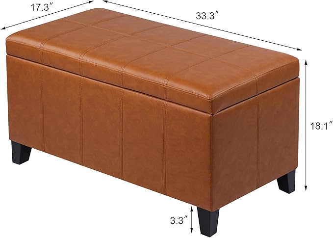 Joveco Storage Ottoman Bench, 33 Inches Faux Leather Rectangle Tufted Foot Stool for End Foot of Bed, Bedroom, Living Room, Ginger
