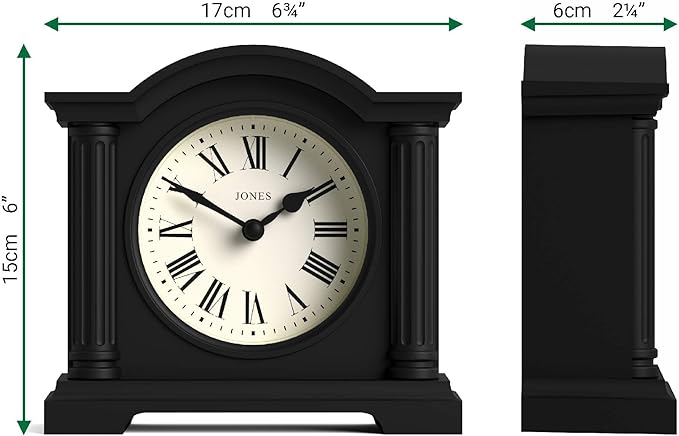 JONES CLOCKS® Kensington Mantel Clock | Classic Arch top Clock | Black | Stylish & Contemporary | Ideal for Desk, Mantelpiece, Bookshelf or Bedside